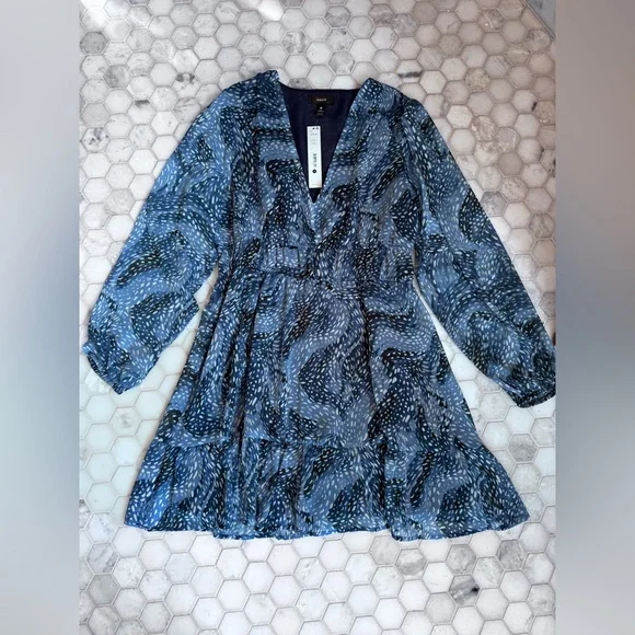 AQUA Blue Multi Print Long Sleeve Tiered Mini Dress Size M NWT - Picture 3 of 8
